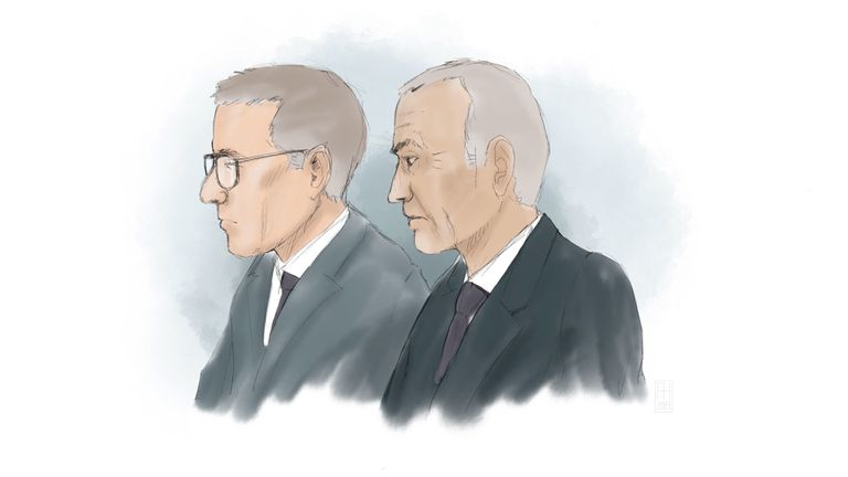 Impression d'artiste du tribunal de district de Stockholm où s'est ouvert le procès d'Alex Schneiter (à gauche) et de Ian Lundin (à droite).